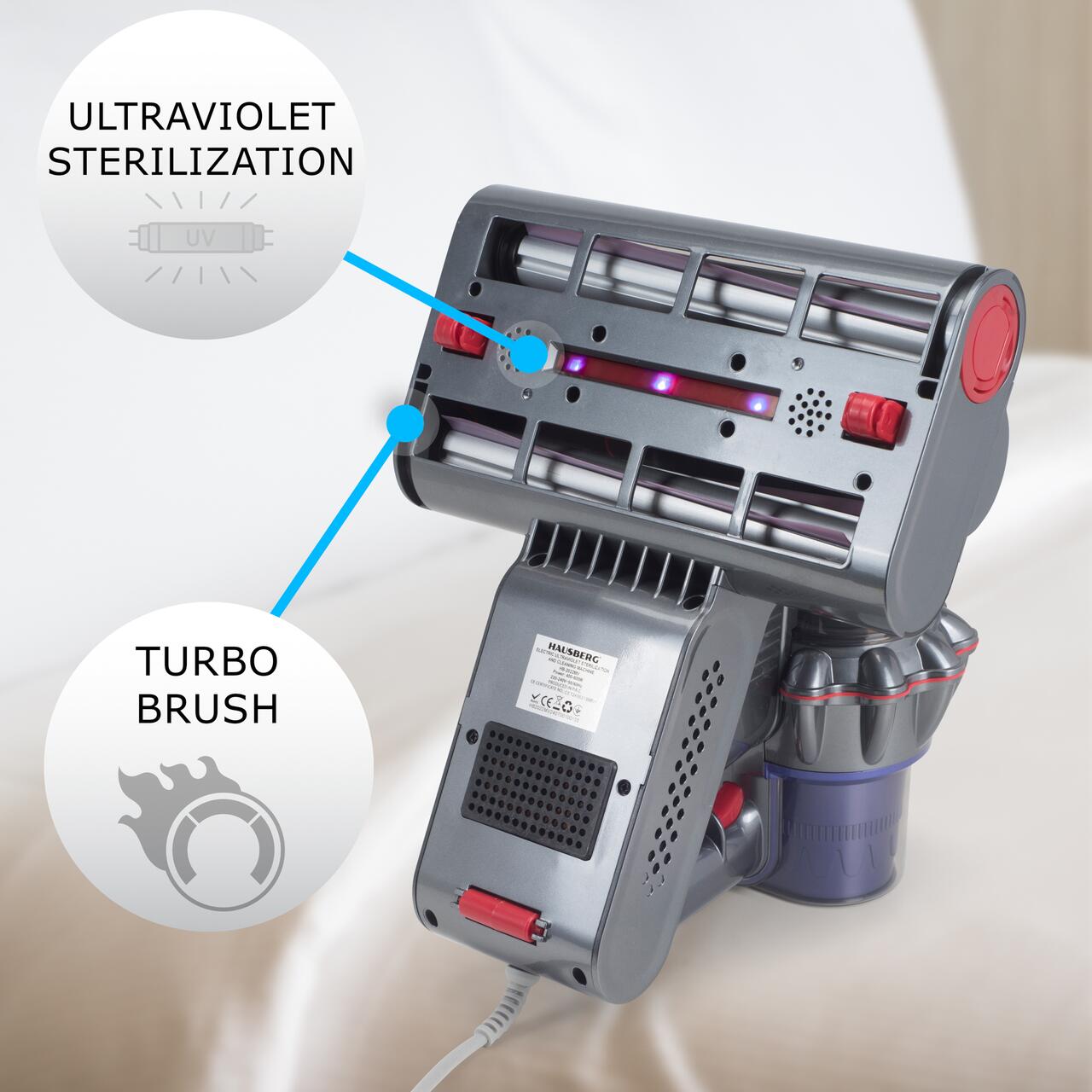 Aspirator UV antiacarieni cu afisaj digital multifunctional HAUSBERG HB-2022MV, 400-600W, sterilizare UV, ioni negativi, purificare cu ultrasunete, Mov-Gri