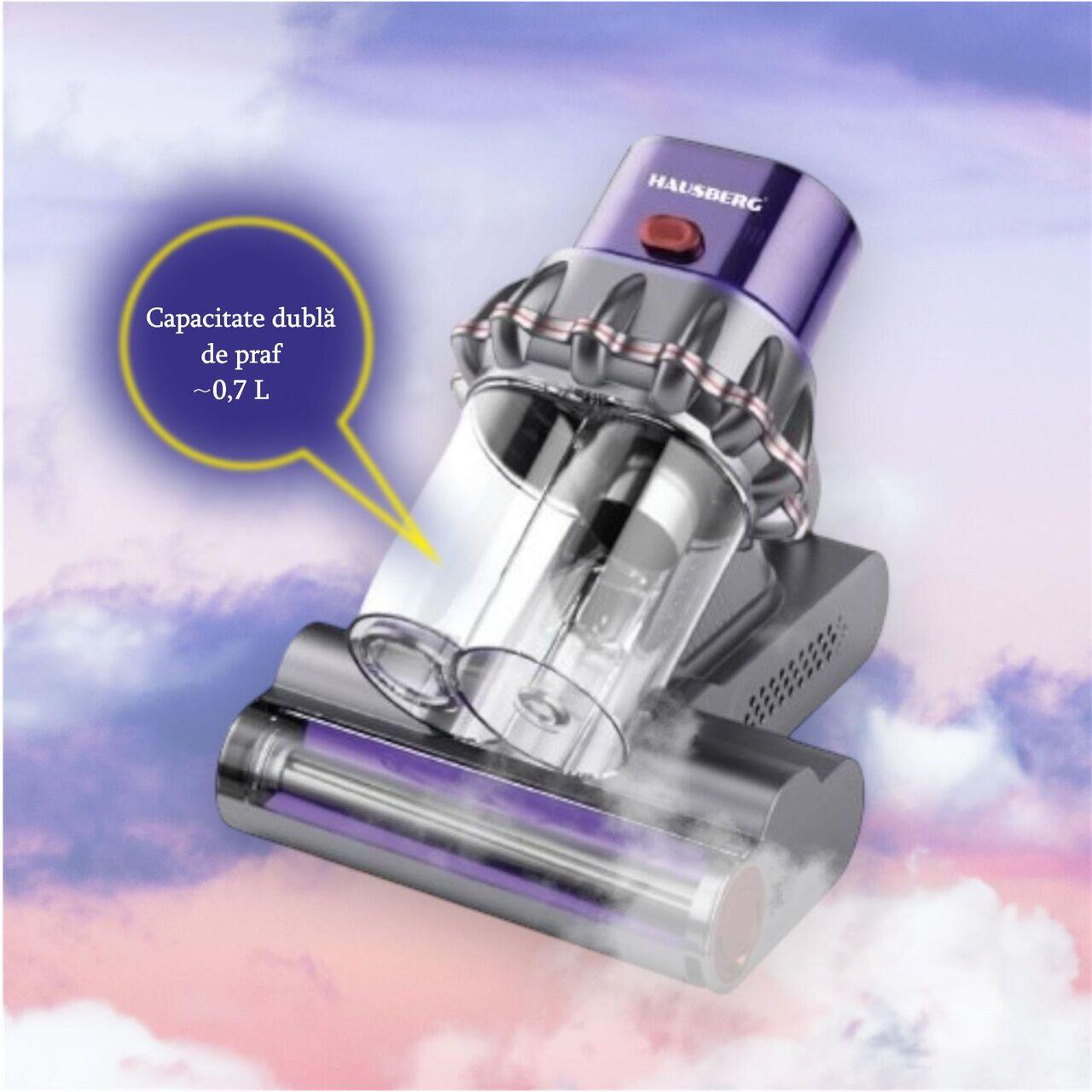 Aspirator UV antiacarieni cu afisaj digital multifunctional HAUSBERG HB-2022MV, 400-600W, sterilizare UV, ioni negativi, purificare cu ultrasunete, Mov-Gri