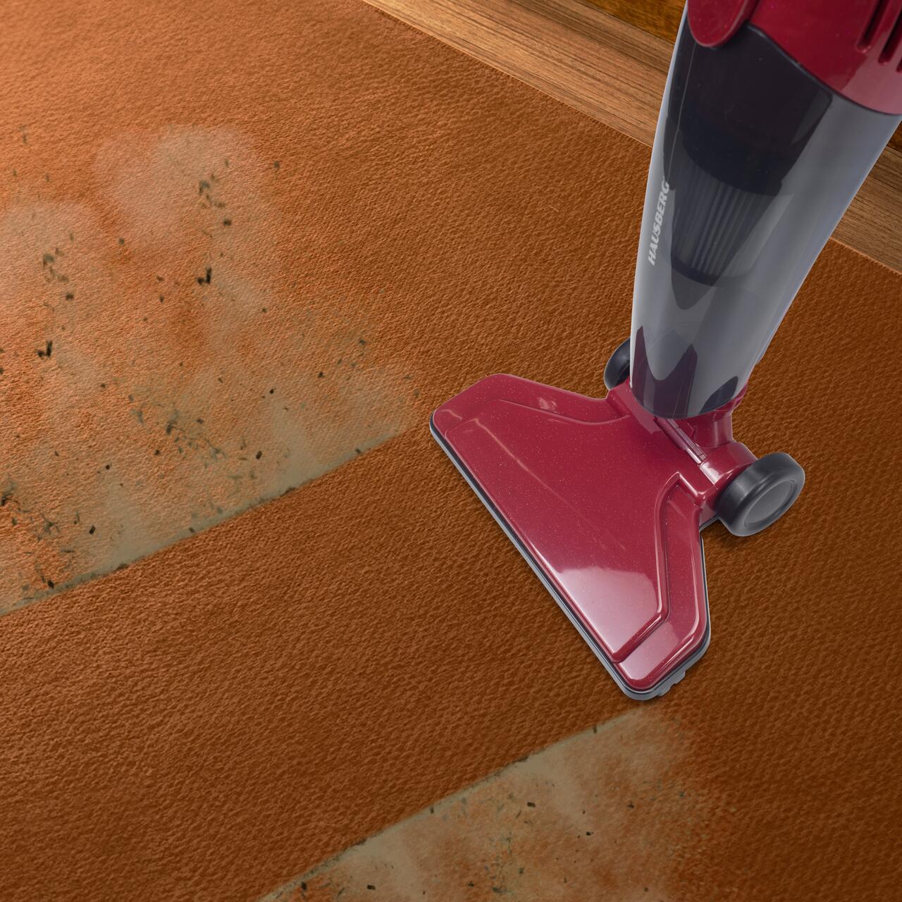 Aspirator vertical 2 in 1 HAUSBERG HB-2025RS, fara sac, aspirare uscata, filtru Hepa, 0.5 L, 600W, Rosu