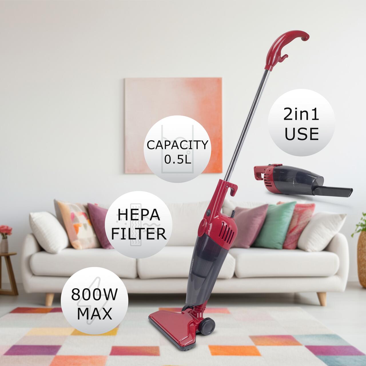 Aspirator vertical 2 in 1 HAUSBERG HB-2025RS, fara sac, aspirare uscata, filtru Hepa, 0.5 L, 600W, Rosu