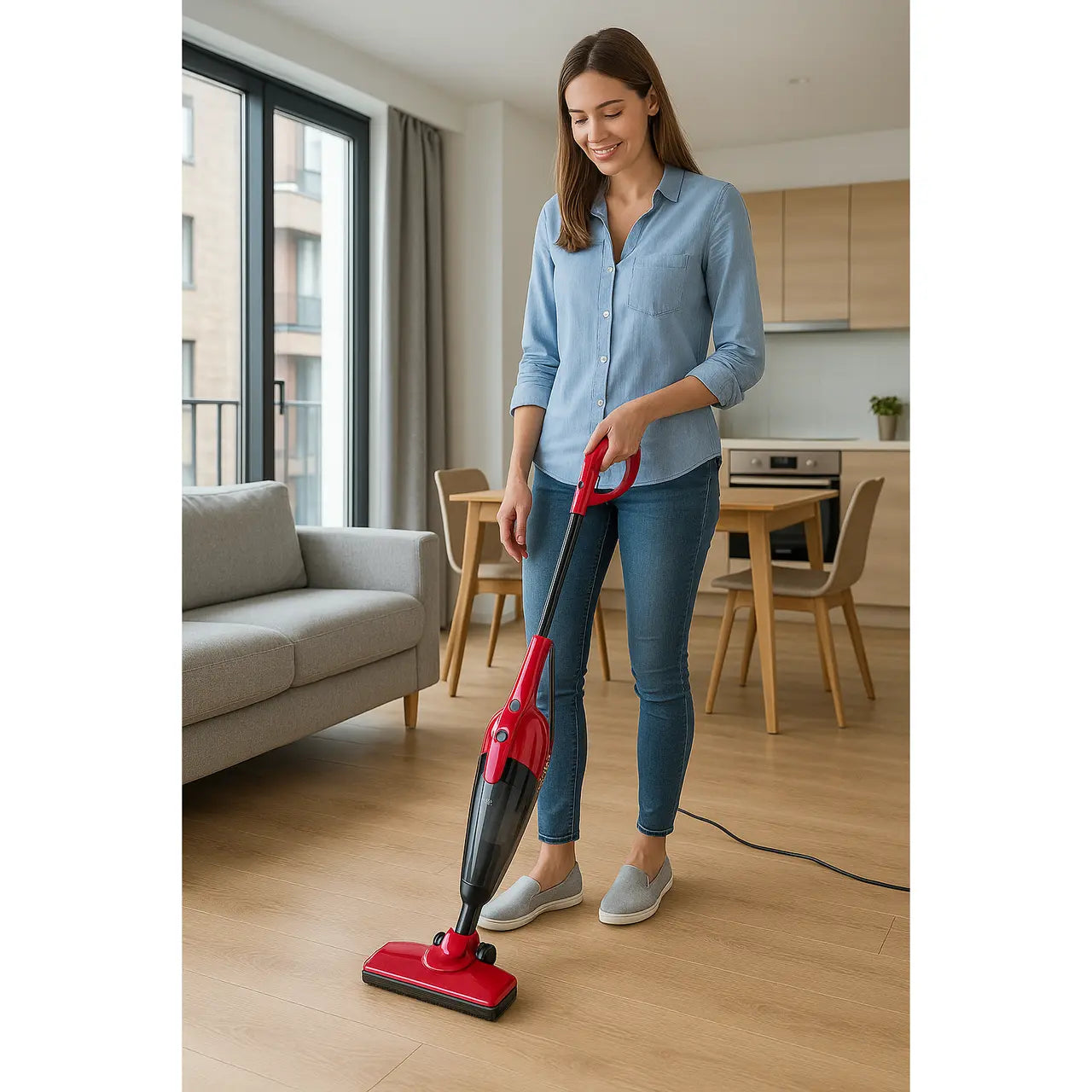 Aspirator vertical 2 in 1 HAUSBERG HB-2025RS, fara sac, aspirare uscata, filtru Hepa, 0.5 L, 600W, Rosu