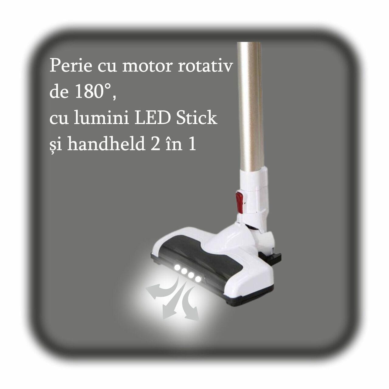 Aspirator vertical Hausberg HB-2027, putere 220W, fara sac, capacitate 0.25 l, filtre lavabile, 2 viteze, perie rotativa, timp de lucru 20-40 min, Alb