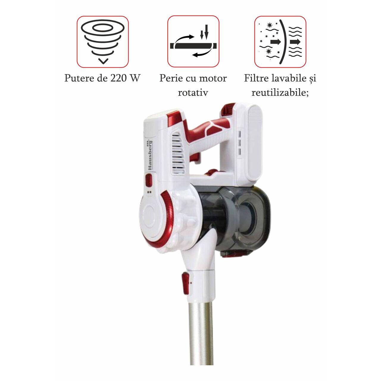 Aspirator vertical Hausberg HB-2027, putere 220W, fara sac, capacitate 0.25 l, filtre lavabile, 2 viteze, perie rotativa, timp de lucru 20-40 min, Alb