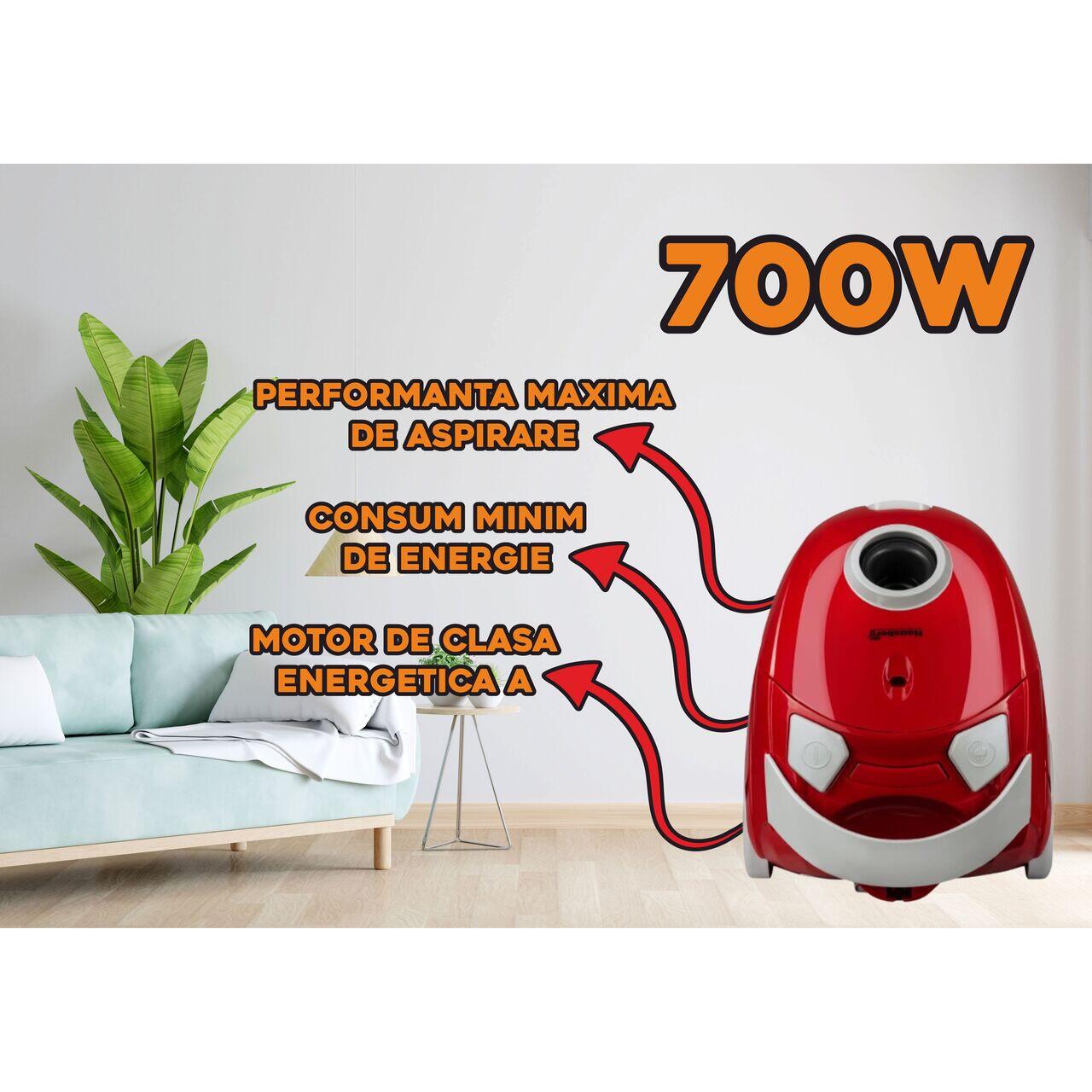 Aspirator cu sac panza Hausberg HB2080RS, 700W, Capacitate 1.5L, Rosu/Gri