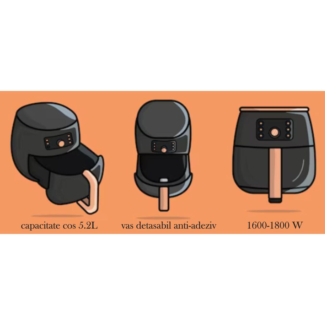 Friteuza Air Fryer Hausberg HB-2365, 1600-1800 W, 5.2 L, Timer, protectie supra-incalzire, maner rece, Display LCD