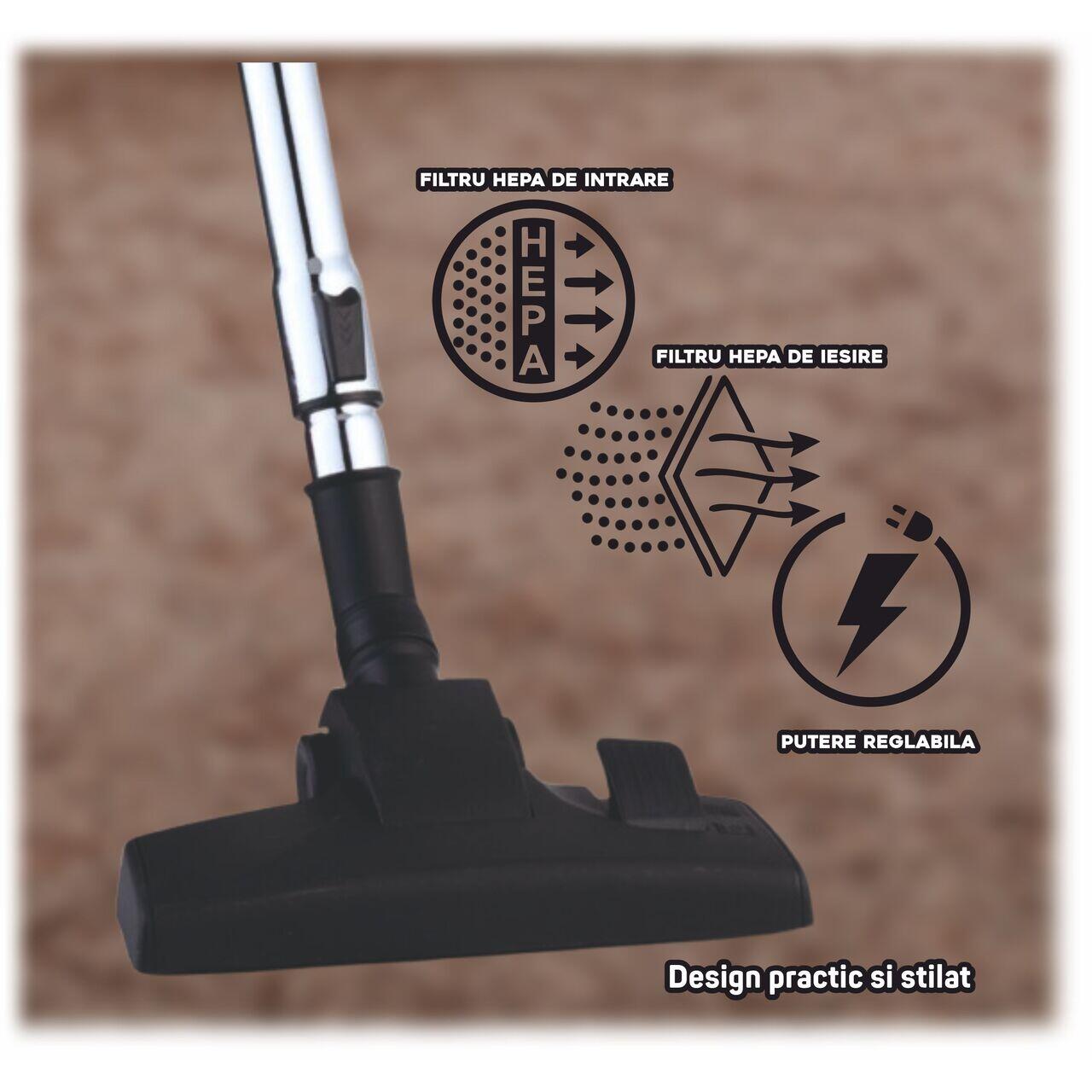 Aspirator fara sac HAUSBERG HB-2822MV, 1200-1600W, multiciclon, aspirare uscata, capacitate 2 litri, filtru HEPA, control viteza, derulator automat cablu, Mov-Negru