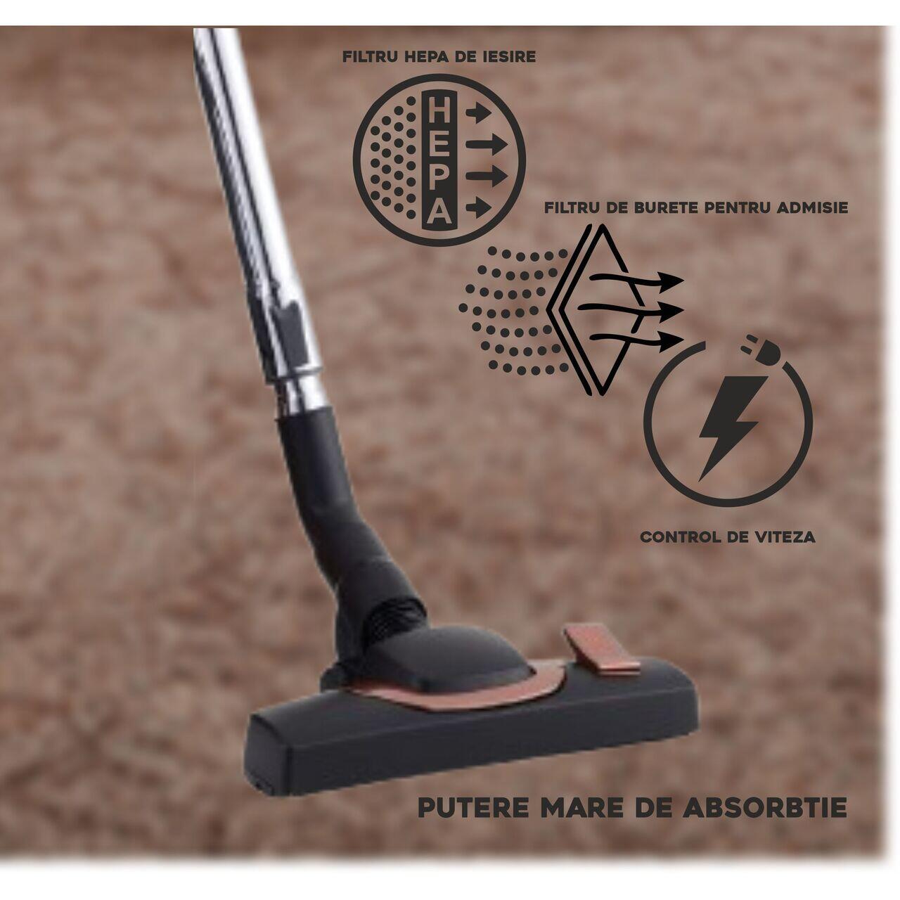 Aspirator fara sac HAUSBERG HB-2823AU, 1400-1800W, multiciclon, aspirare uscata, capacitate 2.5 litri, filtru HEPA, control viteza, derulator automat cablu, Auriu-Negru