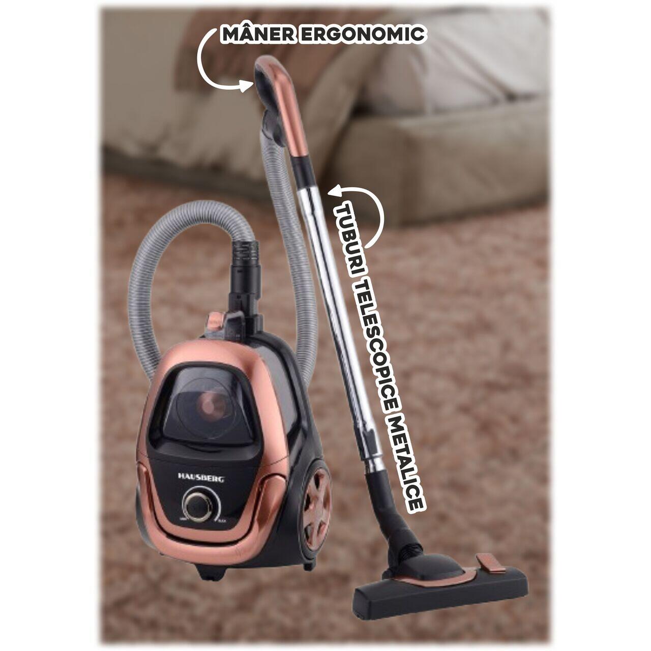 Aspirator fara sac HAUSBERG HB-2823AU, 1400-1800W, multiciclon, aspirare uscata, capacitate 2.5 litri, filtru HEPA, control viteza, derulator automat cablu, Auriu-Negru