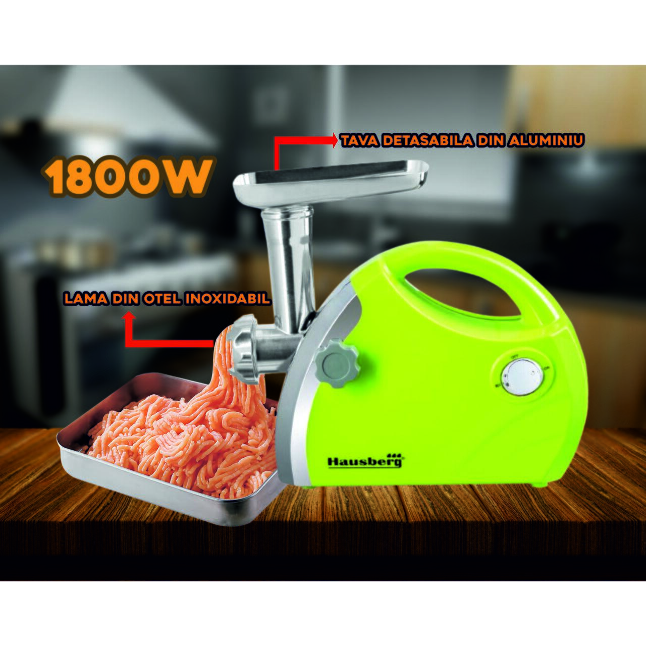 Masina de tocat carne Hausberg HB-3430VR, Inox , 1800 W, motor cupru, Verde