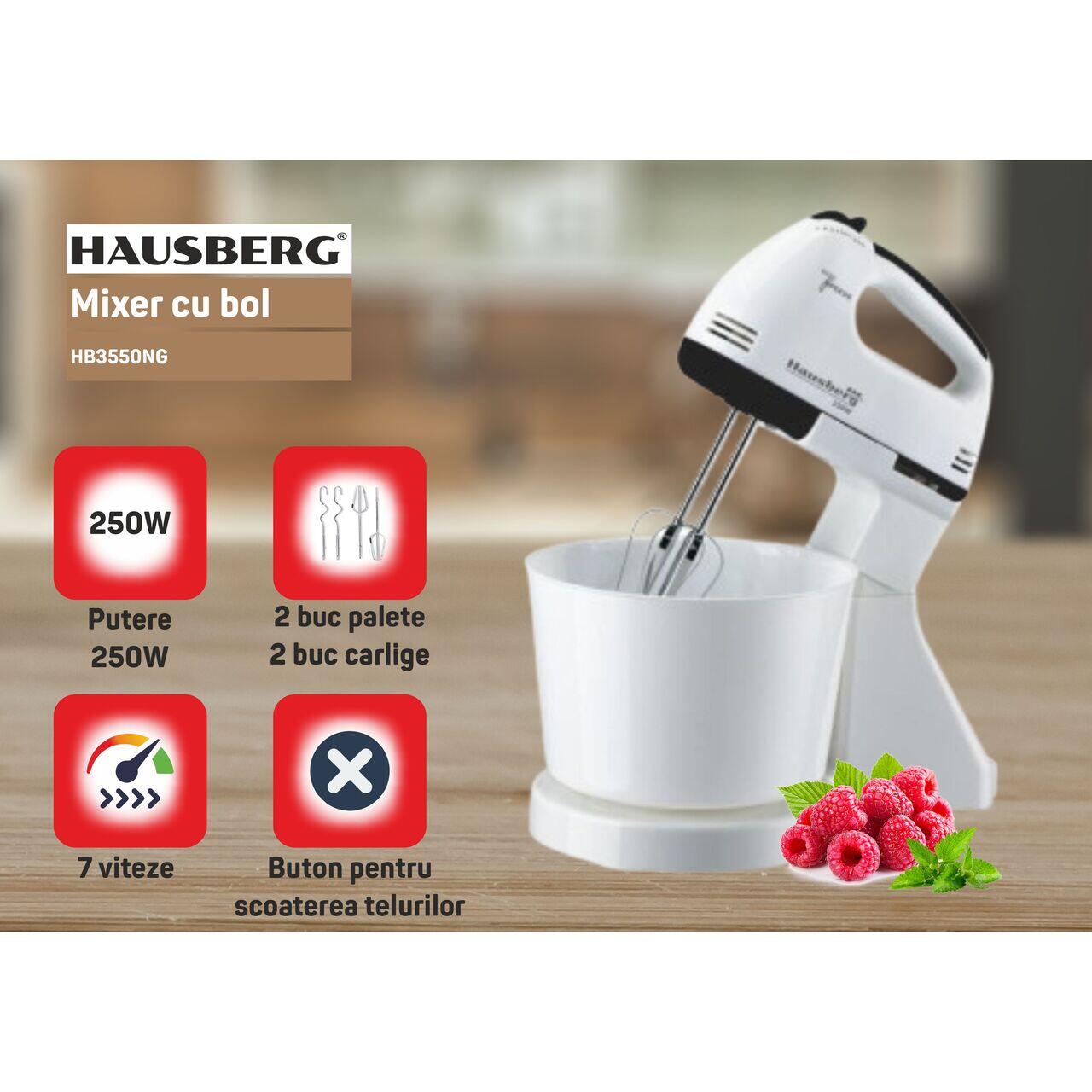 Mixer Cu Bol HAUSBERG HB-3550NG, 7 viteze, putere 250W, 2L, Negru