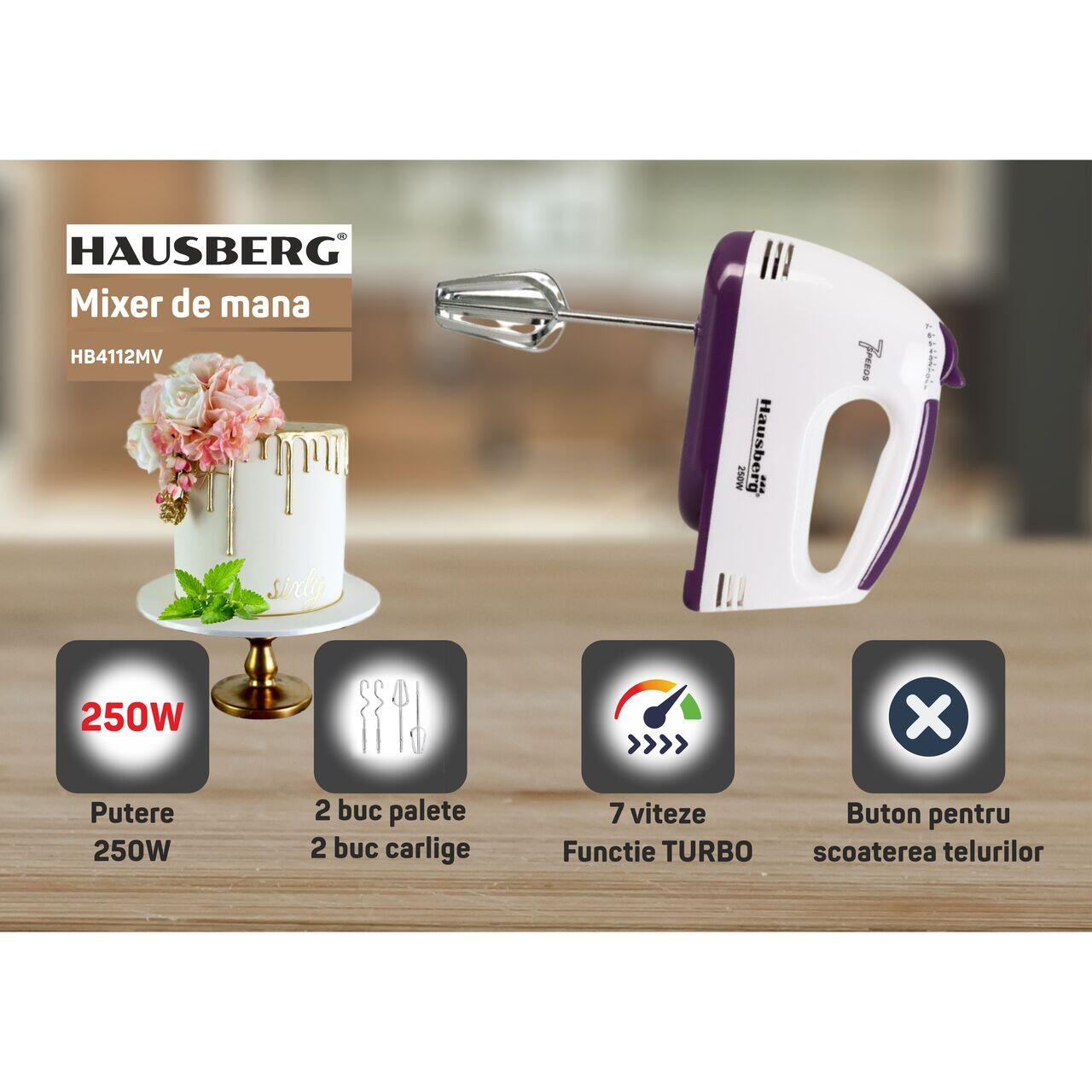 Mixer de mana, Hausberg HB-4112MV, Alb/Mov, 250 W, 7 viteze