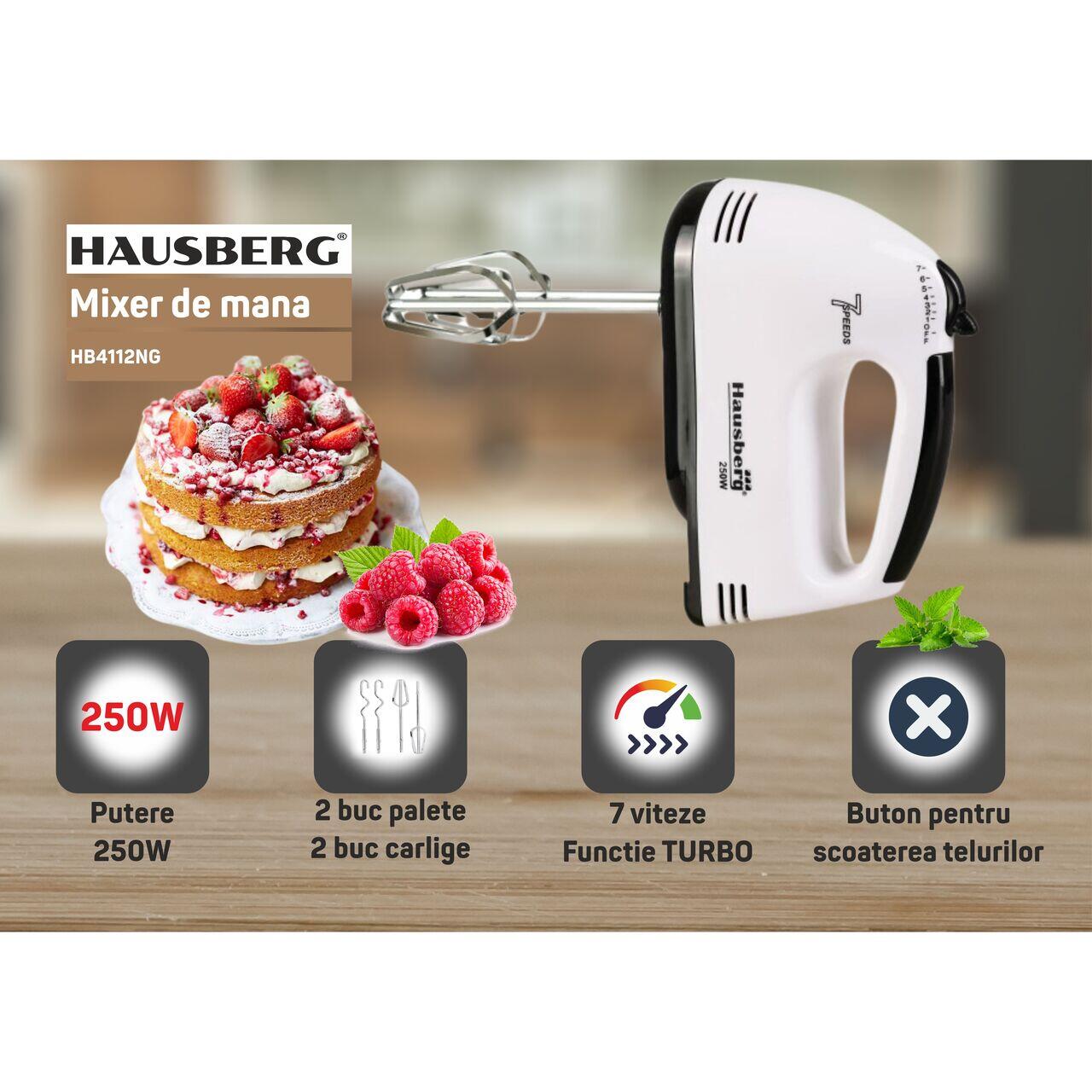 Mixer de mana, Hausberg HB-4112, Negru, 250 W, 7 viteze
