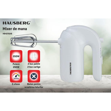 Mixer de mana HAUSBERG HB-4215AB, 250W, 5 viteze, Nivel zgomot 85 dB, Accesorii incluse, Alb