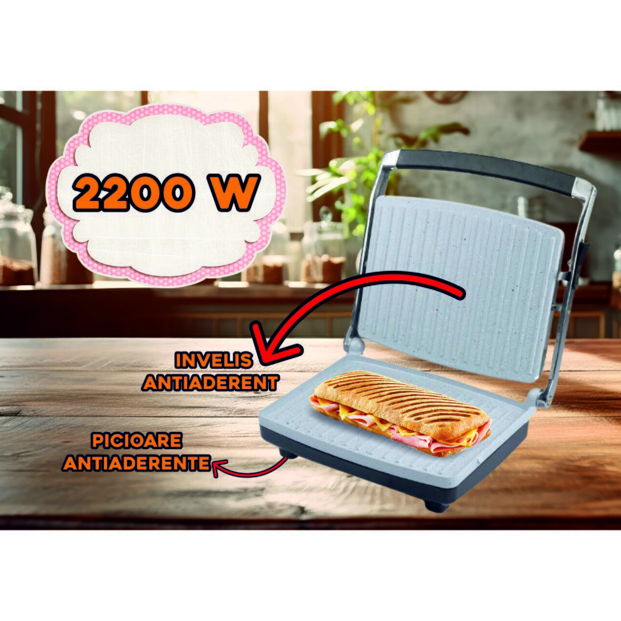 Gratar electric si sandwich maker HAUSBERG HB533, 1850-2200W