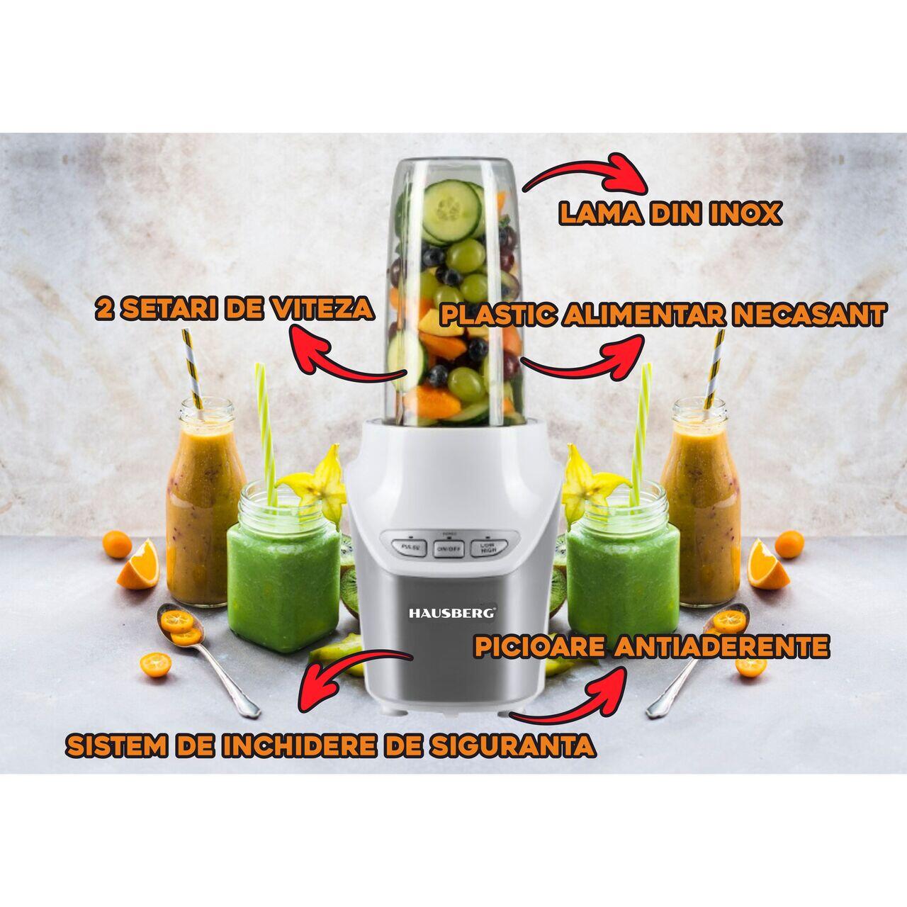 Blender 2 in 1 , putere 1000W, Hausberg HB7705AB, Nutrition Extractor,8 piese, Alb