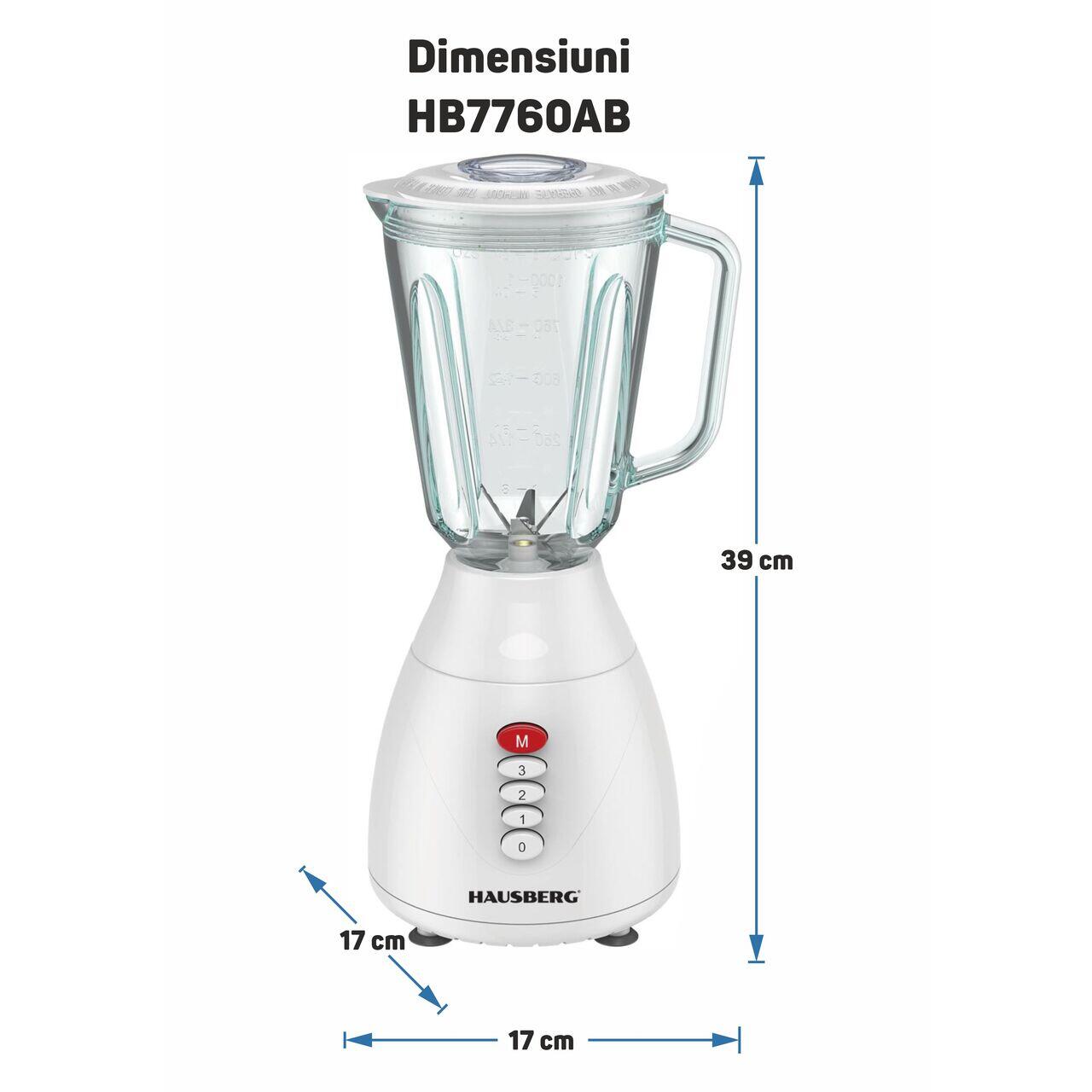 Blender HAUSBERG HB-7760AB, 350W, 1.5L, 3 trepte viteza, functie Pulse, zdrobire gheata, 4 lame detasabile, Alb