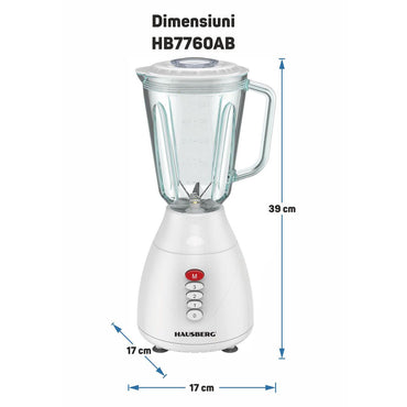 Blender HAUSBERG HB-7760AB, 350W, 1.5L, 3 trepte viteza, functie Pulse, zdrobire gheata, 4 lame detasabile, Alb