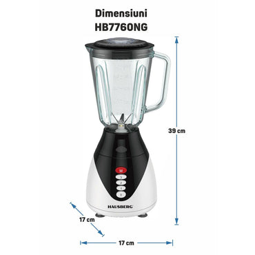 Blender HAUSBERG HB-7760NG, 350W, 1.5L, 3 trepte viteza, functie Pulse, zdrobire gheata, 4 lame detasabile, Negru