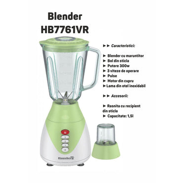Blender 2 in 1 cu bol de sticla Hausberg HB-7761VR lama din otel inoxidabil, capacitate 1,5L, Verde
