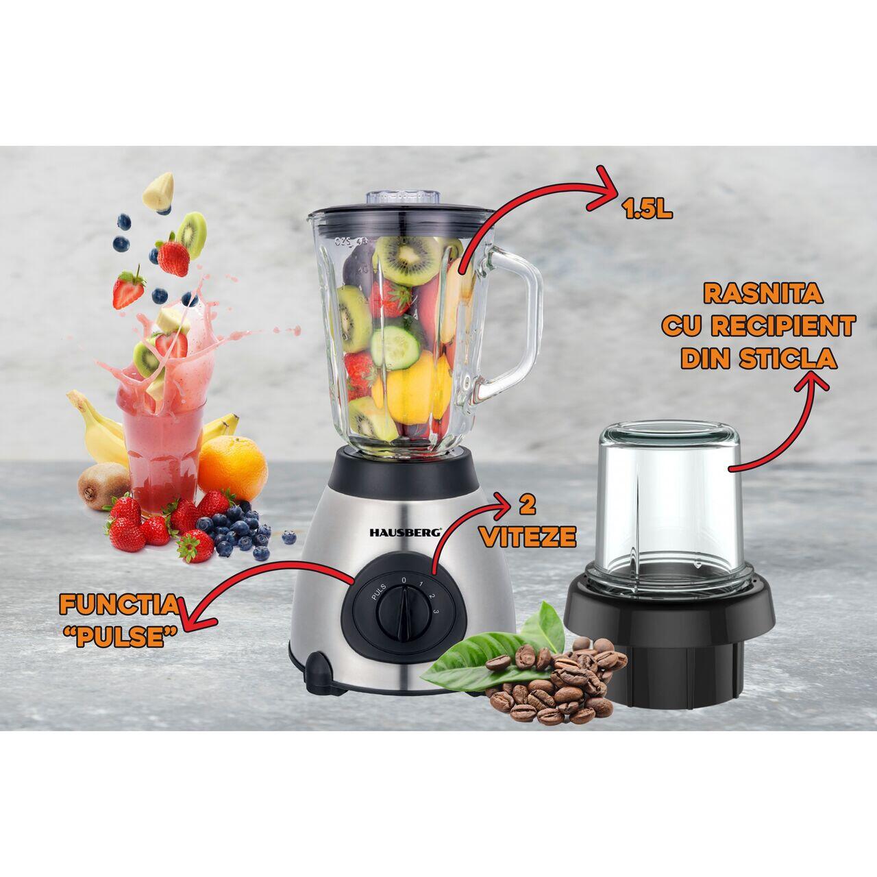 Blender cu rasnita, Hausberg HB-7762, doua viteze cu pulsatii, recipient sticla 1.5 L, 400W