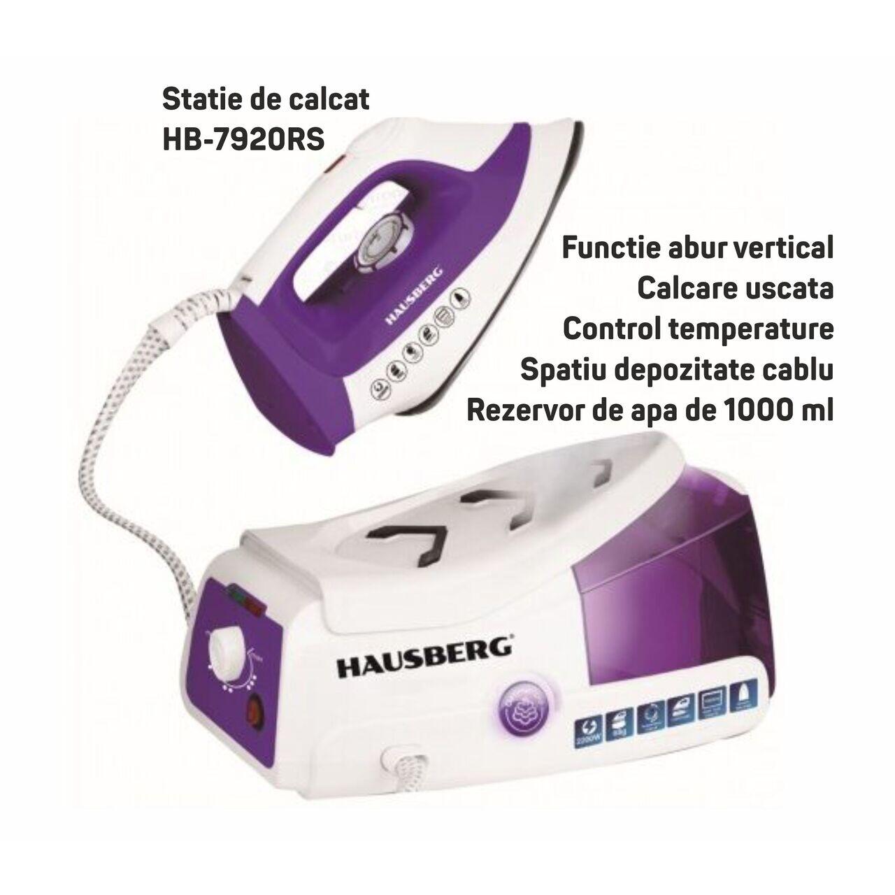 Statie de calcat HAUSBERG HB-7920MV, 2200W, 68g/min, 1000ml, anti-calcar, termostat, talpa ceramica, Mov-Alb