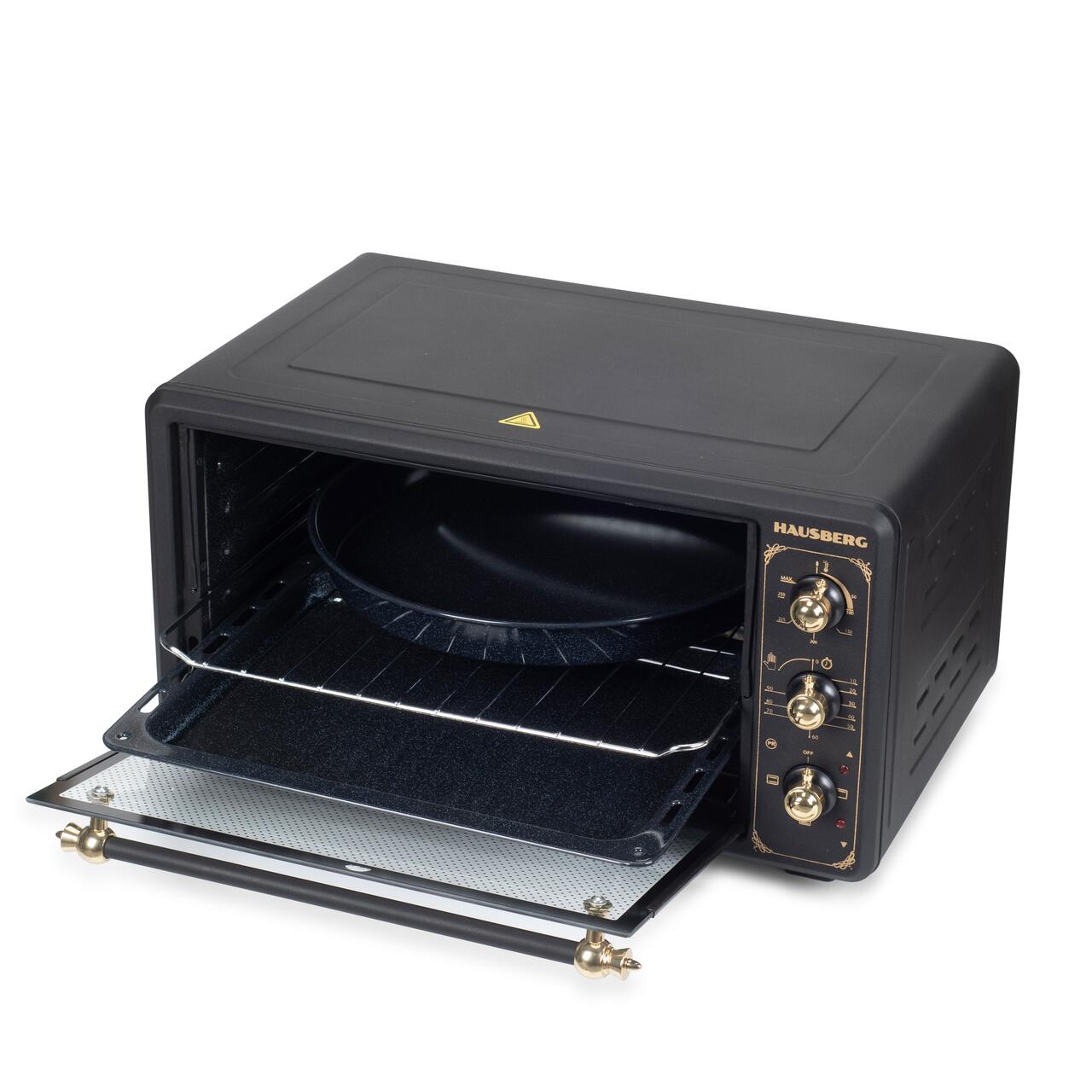 Cuptor electric Rustic HAUSBERG HB-8001RST, 1400W, 48l, Timer mecanic, Termostat reglabil, 4 nivele de inaltime a tavii, usa din sticla rezistenta la temperature ridicate, panou mecanic, Negru-Auriu