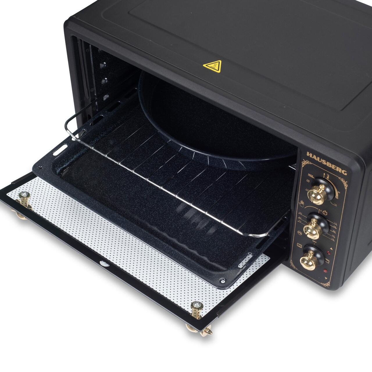 Cuptor electric Rustic HAUSBERG HB-8001RST, 1400W, 48l, Timer mecanic, Termostat reglabil, 4 nivele de inaltime a tavii, usa din sticla rezistenta la temperature ridicate, panou mecanic, Negru-Auriu