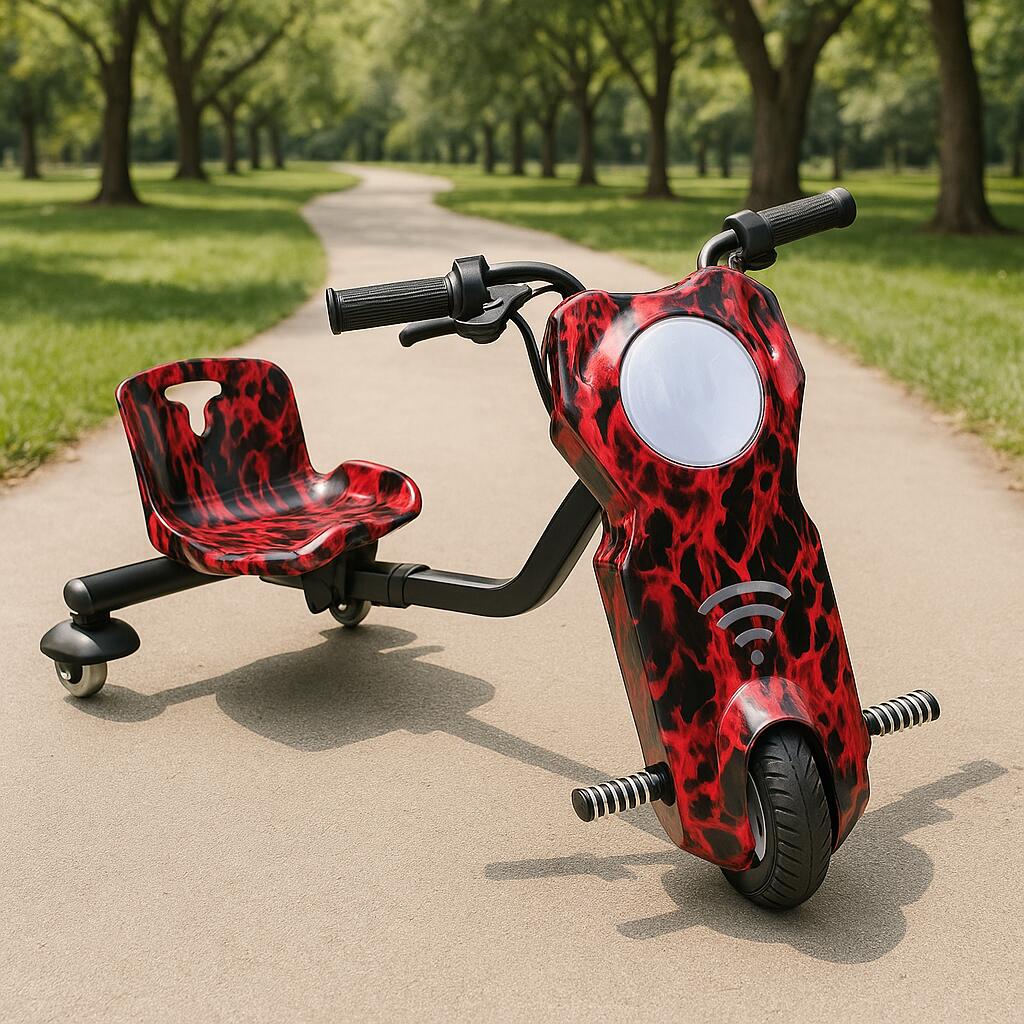 Tricicleta electrica drift pentru copii HAUSBERG HB-KD04RS,*Putere: motor 250-300W Bluetooth, 3 niveluri viteza, suspensie spate, autonomie 8-12 km, tip de incarcare 3h, accesorii