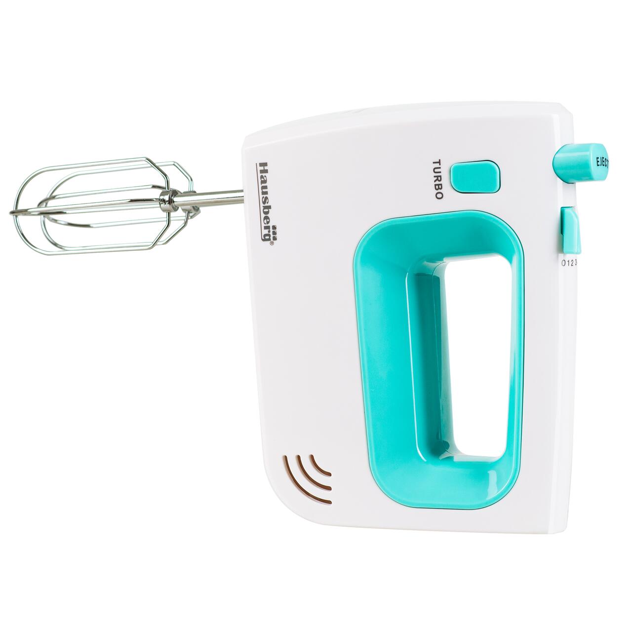 Mixer de mana Hausberg HB-4120BL, 300W ,5 viteze, Functie Turbo, Teluri si carlige metalice, Bleu/Alb