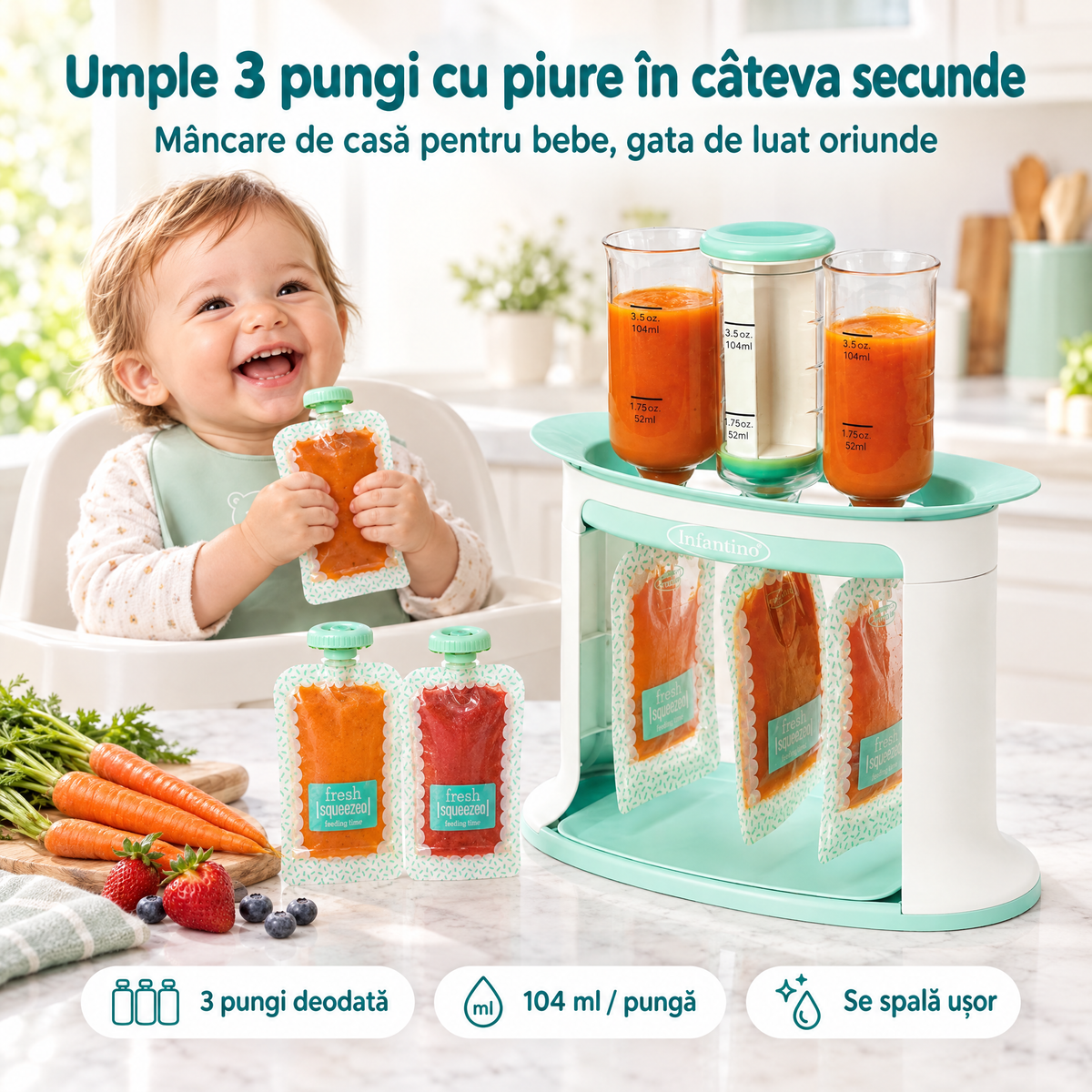 Stație de umplere piure pentru bebeluși cu 5 pungi reutilizabile
