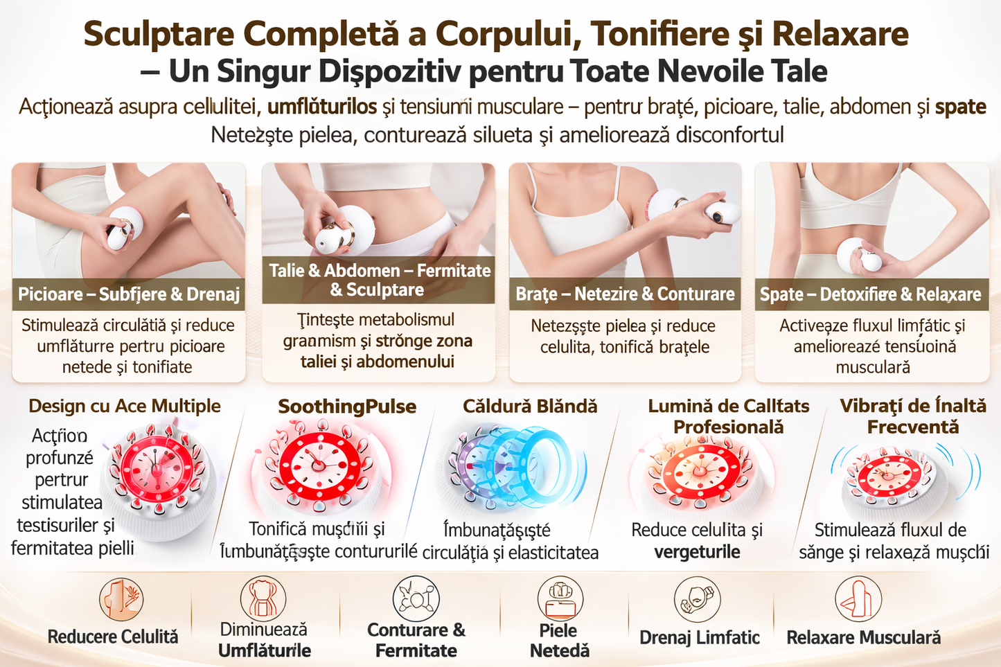 Aparat de masaj corporal Viacare, microcurent, caldura, vibratii, portabil, pentru corp