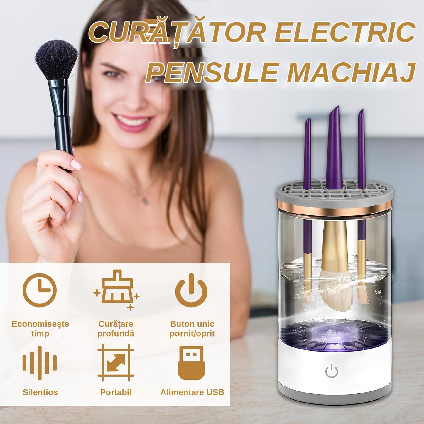 Dispozitiv Electric de Curățat Pensule de Machiaj, Automat, USB