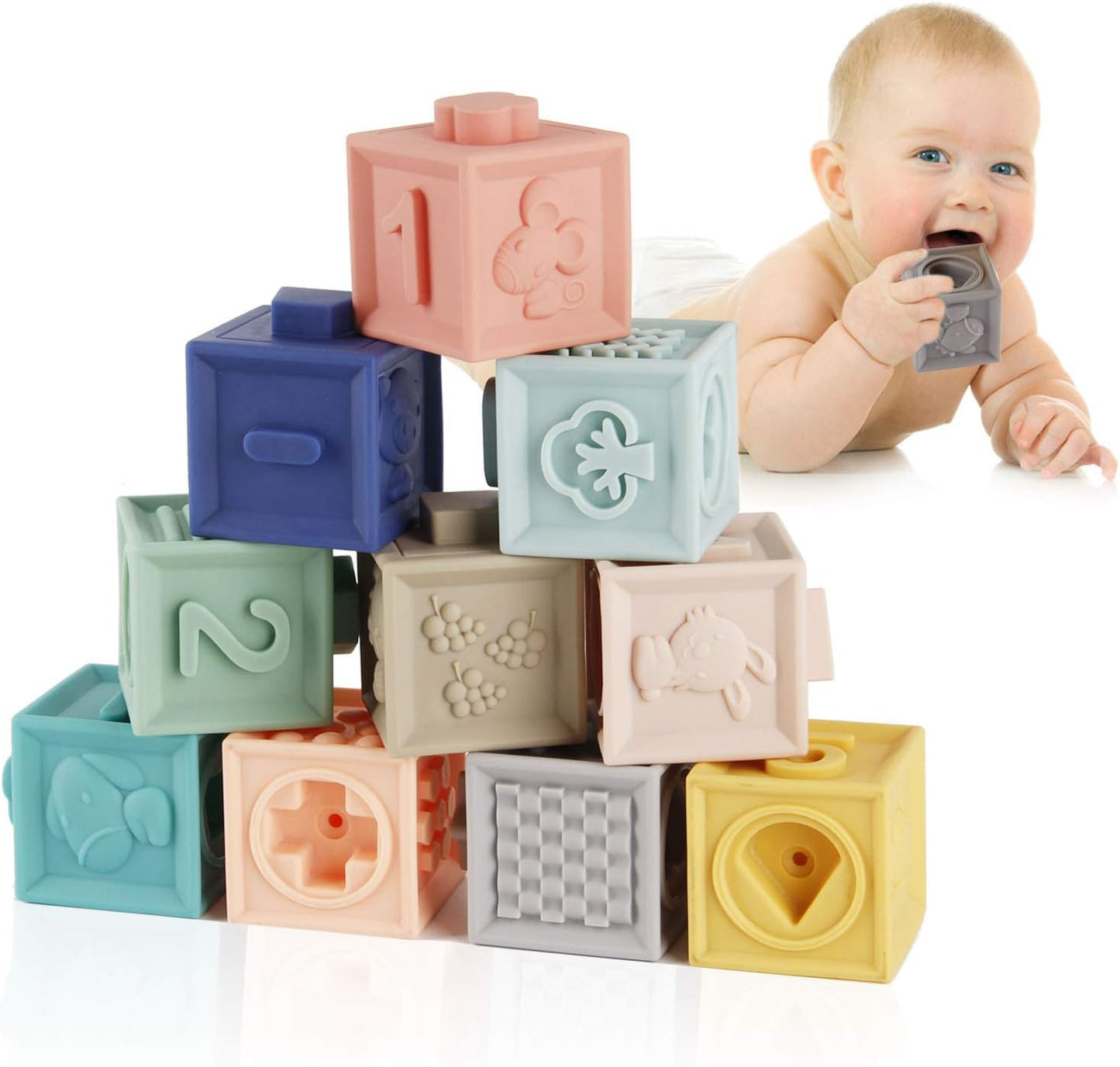 Set 12 Blocuri senzoriale moi pentru copii, 5 x 5 x 5 cm, Multicolor