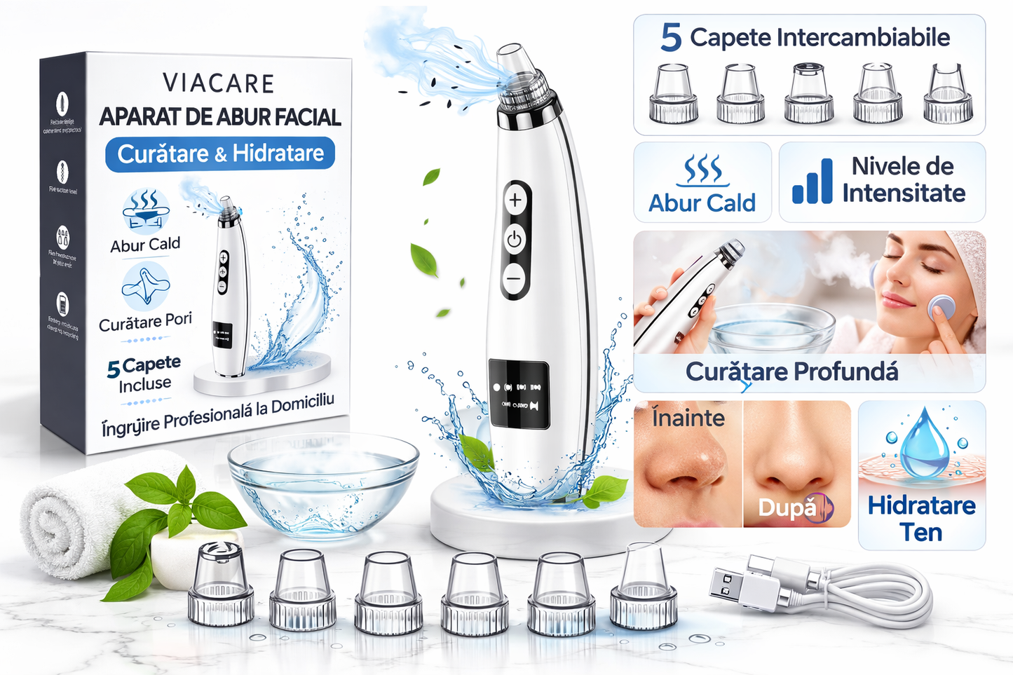 Aspirator electric pentru puncte negre, 5 niveluri de absorbtie, 5 capete interschimbabile, curatarea porilor, USB reincarcabil