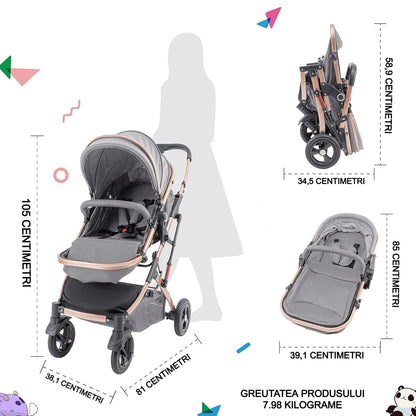 Cărucior 2 în 1 – Pliabil, Reversibil, 0-36 Luni, max. 15 kg