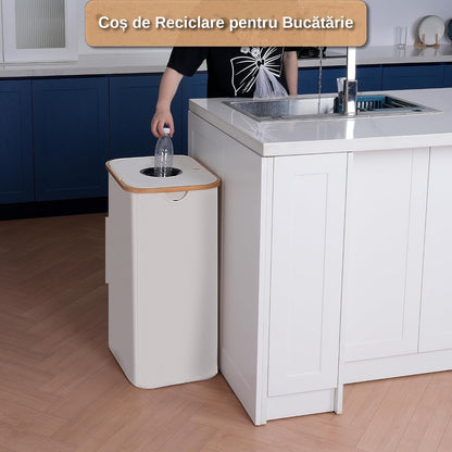 Cos multifunctional 100L pentru reciclare sticle PET si depozitare rufe, cadru elegant din bambus, sac textil detasabil, ideal pentru baie, bucatarie sau balcon