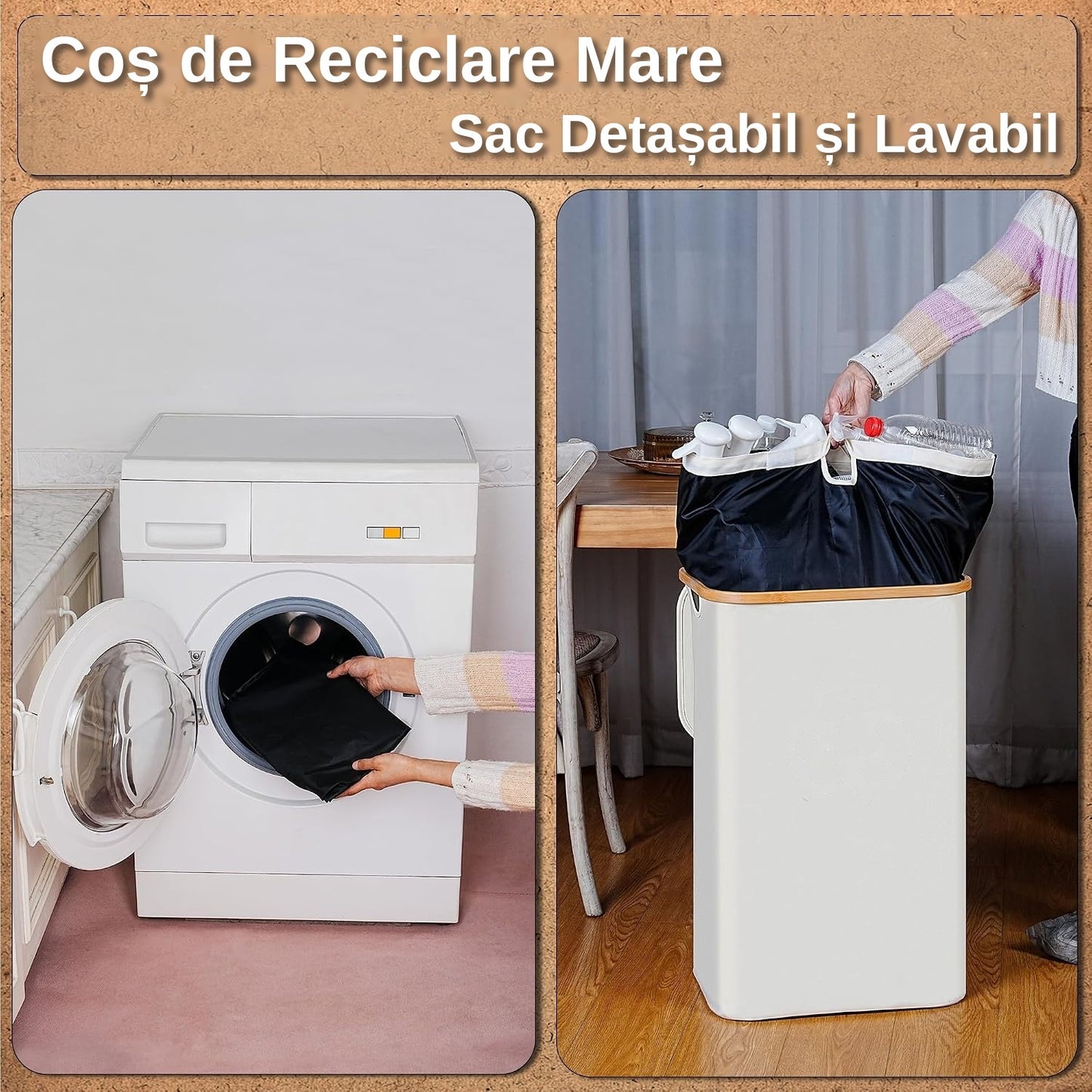 Cos multifunctional 100L pentru reciclare sticle PET si depozitare rufe, cadru elegant din bambus, sac textil detasabil, ideal pentru baie, bucatarie sau balcon