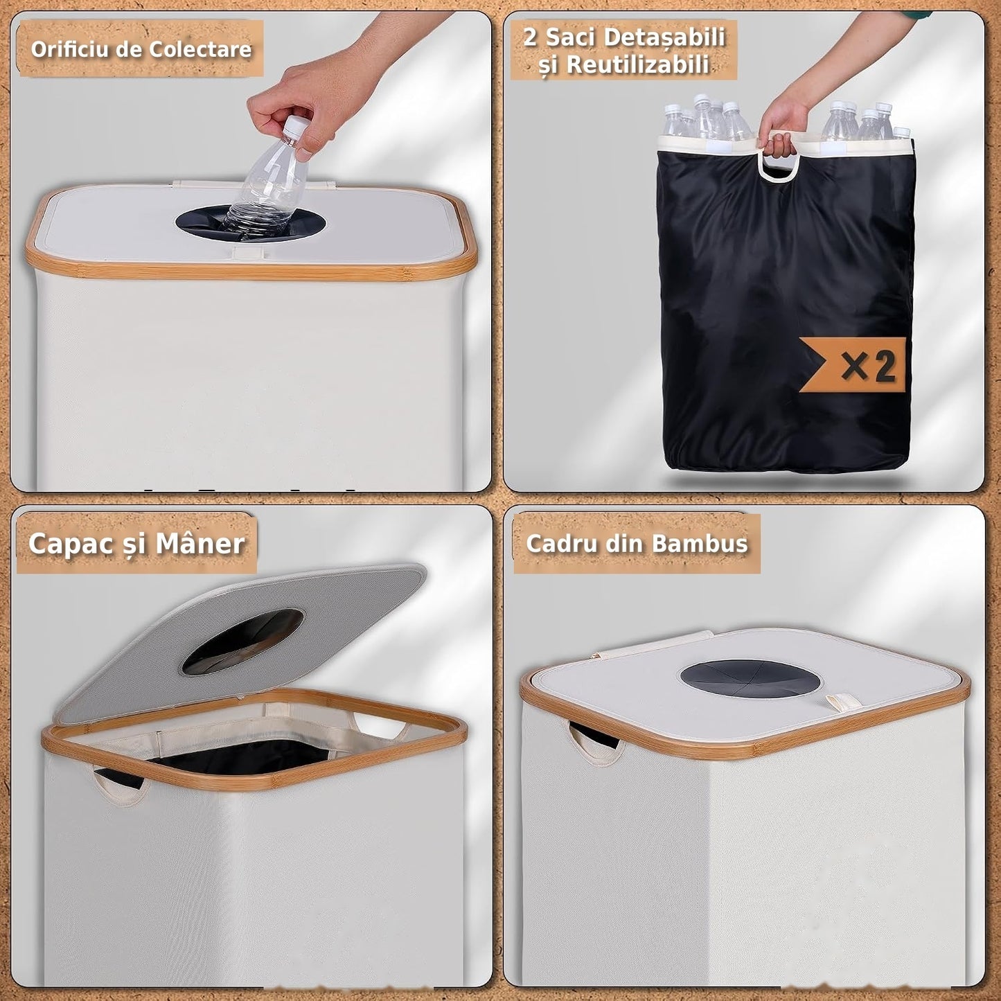 Cos multifunctional 100L pentru reciclare sticle PET si depozitare rufe, cadru elegant din bambus, sac textil detasabil, ideal pentru baie, bucatarie sau balcon