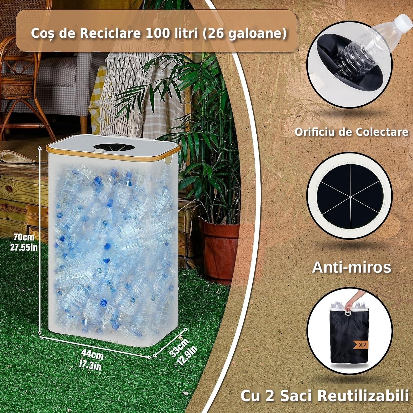 Cos multifunctional 100L pentru reciclare sticle PET si depozitare rufe, cadru elegant din bambus, sac textil detasabil, ideal pentru baie, bucatarie sau balcon