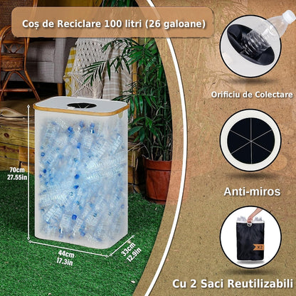Cos multifunctional 100L pentru reciclare sticle PET si depozitare rufe, cadru elegant din bambus, sac textil detasabil, ideal pentru baie, bucatarie sau balcon