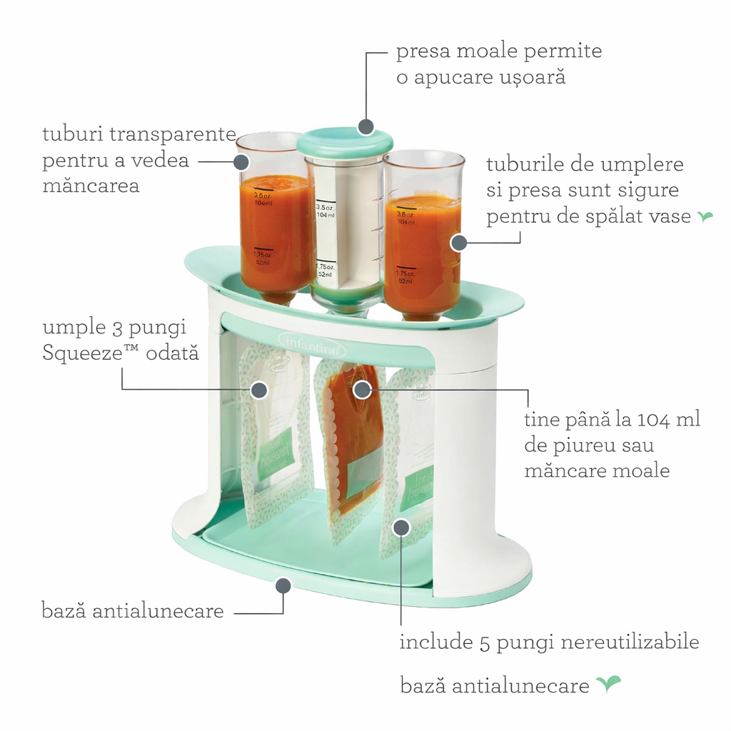 Set Statie de Umplere pentru Piure Bebelusi, 5 Pungi Reutilizabile, Fara BPA, Antiderapanta, Preparare Simplificata