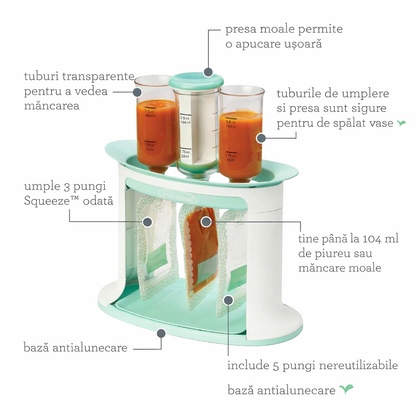 Set Statie de Umplere pentru Piure Bebelusi, 5 Pungi Reutilizabile, Fara BPA, Antiderapanta, Preparare Simplificata