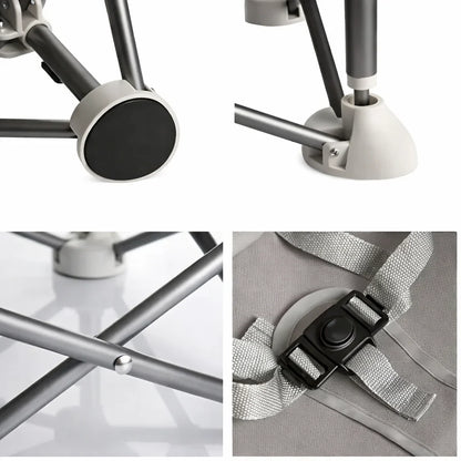 Scaun bebe, pliabil, compact, portabil, usor de depozitat, cu tava detasabila, pentru masa si joaca, cu spatiu de depozitare, ham de siguranta in 5 puncte