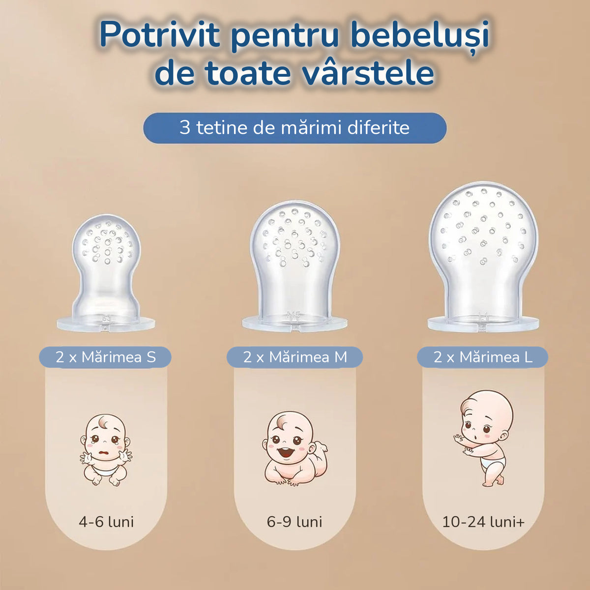 Hrănitor Bebeluși Silicon Fără BPA – Set Diversificare cu 2 Mânere, 6 Tetine și Tăvi Congelare