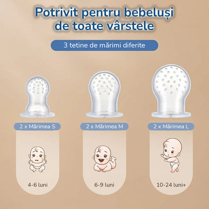 Hrănitor Bebeluși Silicon Fără BPA – Set Diversificare cu 2 Mânere, 6 Tetine și Tăvi Congelare