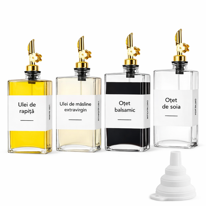Set 4 Sticle Pătrate pentru Ulei, Oțet & Condimente Lichide – 350 ml, Dozator Anti-Picurare, Etichete Incluse