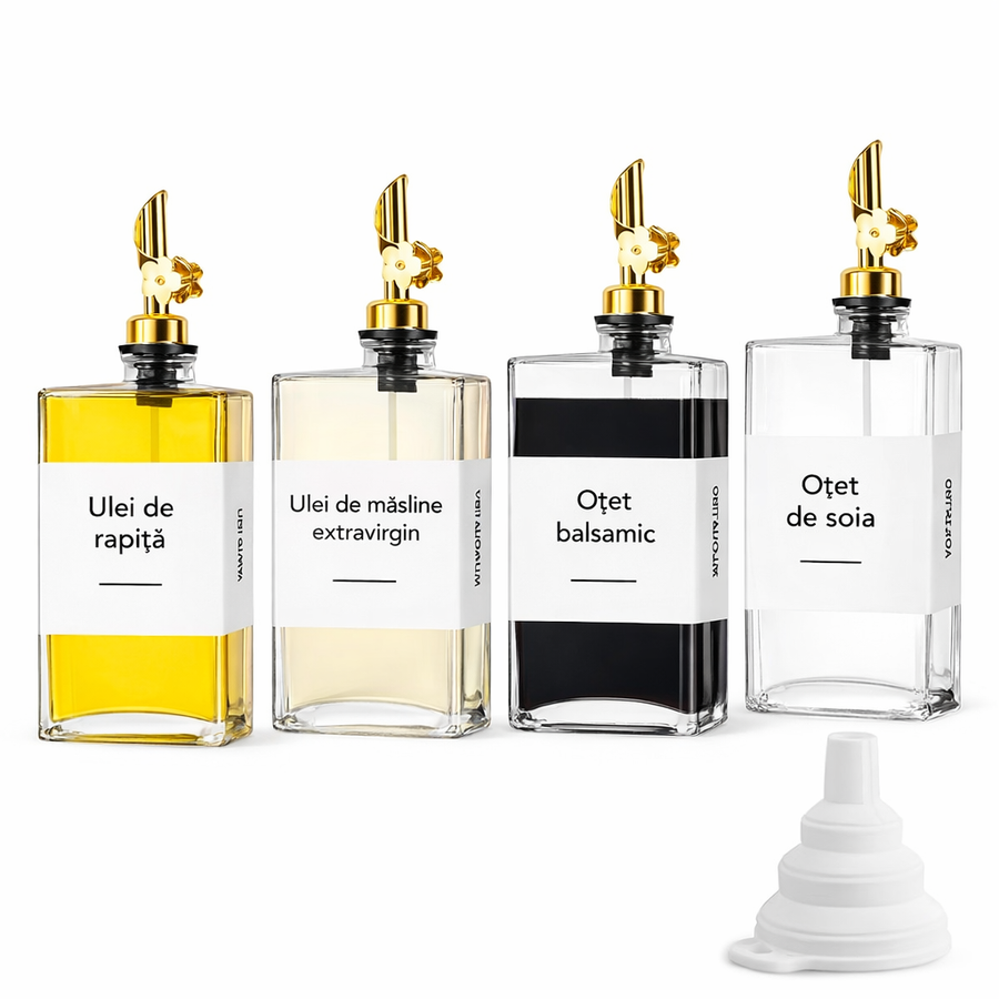 Set 4 Sticle Pătrate pentru Ulei, Oțet & Condimente Lichide – 350 ml, Dozator Anti-Picurare, Etichete Incluse