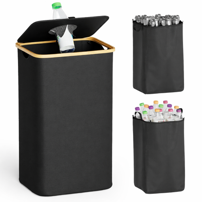 Cos multifunctional 100L pentru reciclare sticle PET si depozitare rufe, cadru elegant din bambus, sac textil detasabil, ideal pentru baie, bucatarie sau balcon
