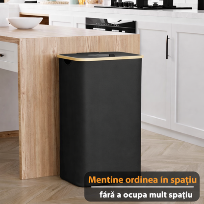 Cos multifunctional 100L pentru reciclare sticle PET si depozitare rufe, cadru elegant din bambus, sac textil detasabil, ideal pentru baie, bucatarie sau balcon