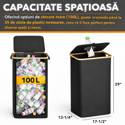Cos multifunctional 100L pentru reciclare sticle PET si depozitare rufe, cadru elegant din bambus, sac textil detasabil, ideal pentru baie, bucatarie sau balcon